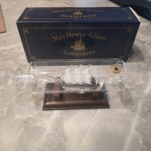 Mayflower Glass ship in a bottle with a wooden base